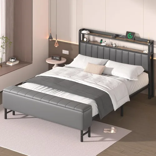 Miniatura 7 de LoVinson Marco de cama tamaño completo con cabecera y proyector de estrellas, marco de cama tapizado de metal con estación de carga, marco de cama