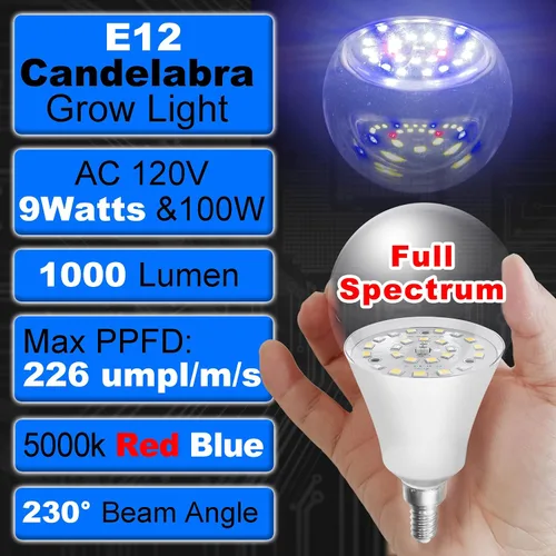 Miniatura 3 de Bombillas de crecimiento de espectro completo con candelabro E12 rojo azul 5000K E12, base pequeña, 9 W, bombilla de crecimiento de luz solar que