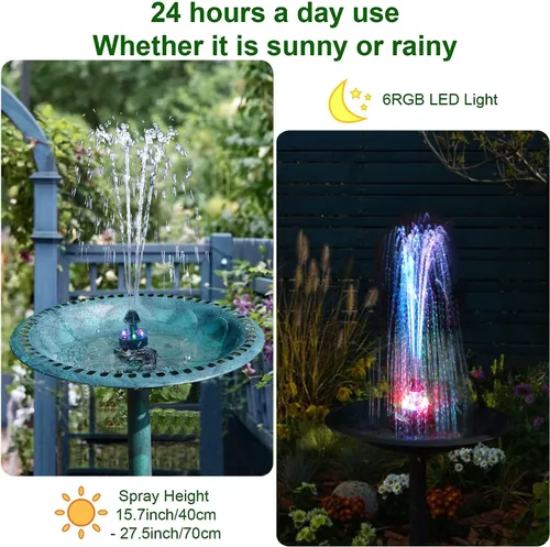 Miniatura 4 de Jutai Fuentes de baño eléctricas para pájaros que funcionan las 24 horas, bomba de fuente de agua silenciosa ajustable con luces LED para jardín