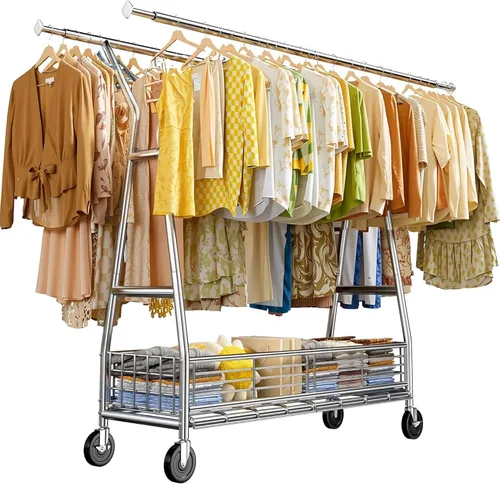 Miniatura 10 de Raybee Perchero resistente de alta capacidad 285KG, perchero para ropa con varillas dobles y cesta de almacenamiento, perchero portátil para ropa
