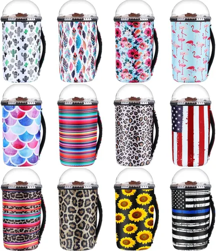 Boao 12 Piezas Fundas Reutilizables para Vasos Helados Aislante de Neopreno Portavasos para Bebidas para Vaso Térmico Bebidas Frías y Calientes con