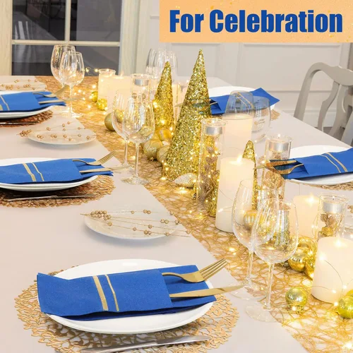 Miniatura 6 de Roshtia Paquete de 100 Servilletas de Cena Desechables con Sensación de Lino, Borde Dorado, Predobladas, con Bolsillo para Cubiertos Incorporado