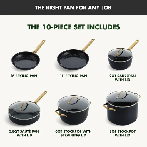 Miniatura 3 de GreenPan Juego de ollas y sartenes antiadherentes de cerámica anodizada dura, 10 piezas, asas de acero inoxidable en tono dorado, sin PFAS, apto