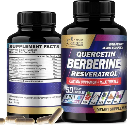 Organic Cadane Suplemento de berberina pura 7 en 1 con quercetina, canela de Ceilán, resveratrol, cardo mariano, semilla de uva y pimienta negra –