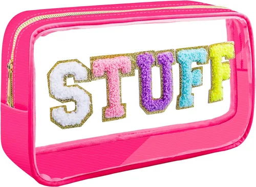Miniatura 8 de Preppy Patch STUFF - Bolsa de maquillaje con letras de chenilla para mujeres, bolsa de PVC transparente con cremallera, bolsa de parches