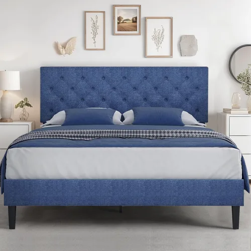 HOMBCK Marco de Cama Queen con Cabecera Capitoné con Botones, Marco de Cama de Plataforma Tapizada Azul, Tela Suave/Soporte de Listones de Madera/No