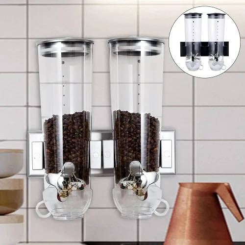 Miniatura 7 de Dispensador de cereales para montar en la pared, organizador de cereales, dispensador de granos de café con 2 cubos y 2 tazas, almacenamiento