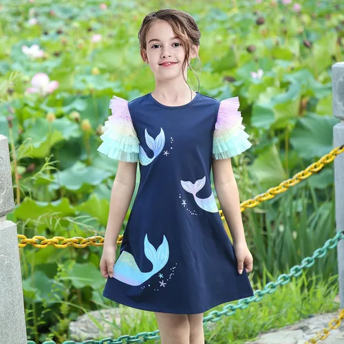 Miniatura 3 de Sunny Fashion Vestido de niña azul camiseta bolsillo bordado mariposa tul manga aleteo