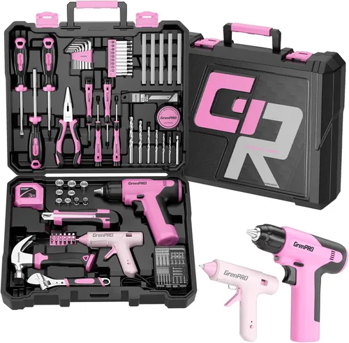 GRENPRO Juego de herramientas rosa, juego de taladro, 188 piezas de kit de herramientas para el hogar con taladro inalámbrico rosa, kit de