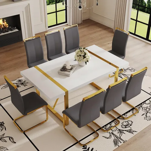 Miniatura 26 de Mesa de comedor Ebullient para 4, mesa de comedor rectangular negra de MDF, tapa de mesa de cena de mármol falso, mesa de comedor moderna con marco