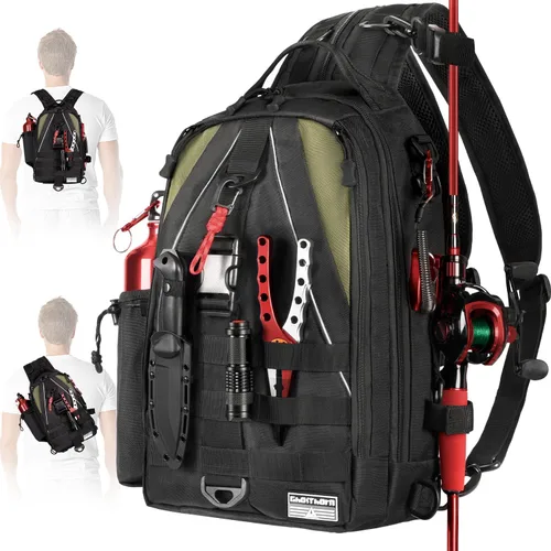 Mochila de Pesca Ghosthorn con Bolsa de Aparejos y Bandolera - Mochila con Soporte para Caña - Caja de Aparejos Ligera para Regalos de Pesca con