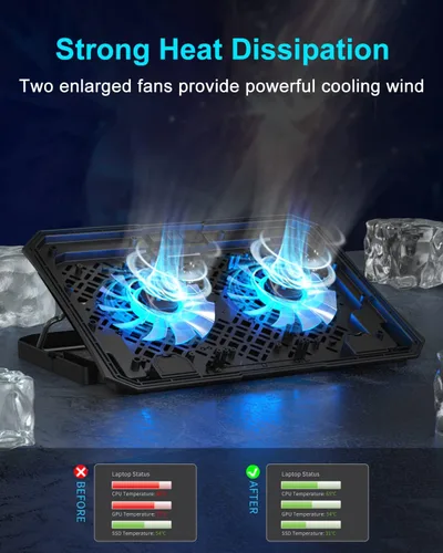 Miniatura 2 de KeiBn Almohadilla de enfriamiento para laptop, enfriador de laptop para juegos, 2 ventiladores para portátiles de 10 a 15.6 pulgadas, 5 soportes