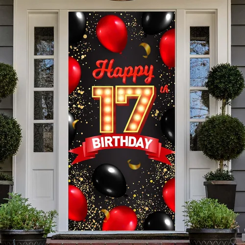 Miniatura 9 de Cartel de feliz cumpleaños número 15 rojo y negro, globos de fondo para decoración temática para niñas y mujeres, princesas de 15 años, suministros