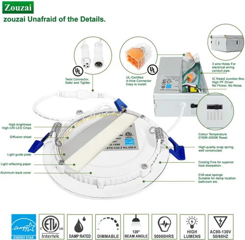 Miniatura 3 de zouzai Paquete de 1 lámpara de techo empotrable LED ultrafina de 4 pulgadas 5CCT con caja de conexiones, 2700K/3000K/3500K/4000K/5000K