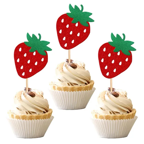 Miniatura 8 de 24 piezas de adornos para cupcakes de fresa, purpurina roja, temas de frutas, bayas y fresas, para verano, dulces, baby shower, fiesta