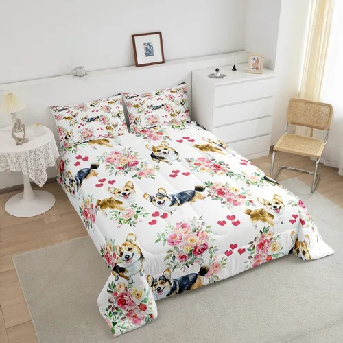 Miniatura 4 de Erosebridal Lindo juego de edredón de perro Corgi para niños y niñas, juego de ropa de cama romántico de flores rosas tamaño individual, edredón