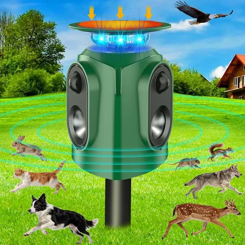 Repelente ultrasónico de animales para exteriores – Repelente de gatos y disuasorio de ciervos con sensor PIR y alimentado por energía solar,