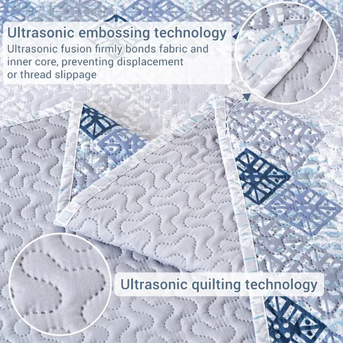 Miniatura 2 de Mooreeke Colchas ultrasónicas en relieve tamaño Queen, colchas ligeras con patrón geométrico de rayas grises y azules con fundas, colcha