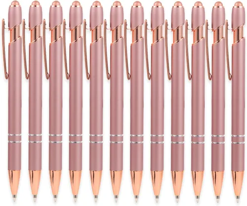 MengRan Bolígrafos de Oro Rosa con Punta Stylus, Tinta Negra Punta Media Bolígrafos de Clic, Bolígrafo Stylus para Pantalla Táctil (12 piezas Oro