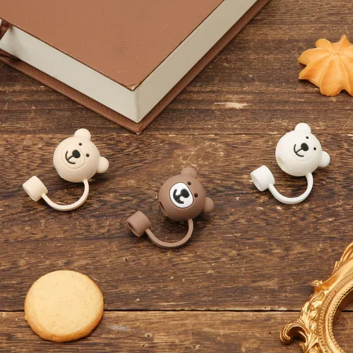 Miniatura 3 de 3 fundas para popote de oso, bonitas fundas de popote de silicona suave de dibujos animados, tapas protectoras sin BPA compatible con Stanley Straws