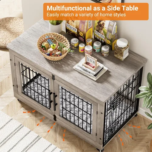 Miniatura 4 de Lulive Muebles de Jaula Grande para Perros, Mesa Auxiliar de Jaula para Perros de Madera de 38'', Perrera para Perros de Doble Puerta