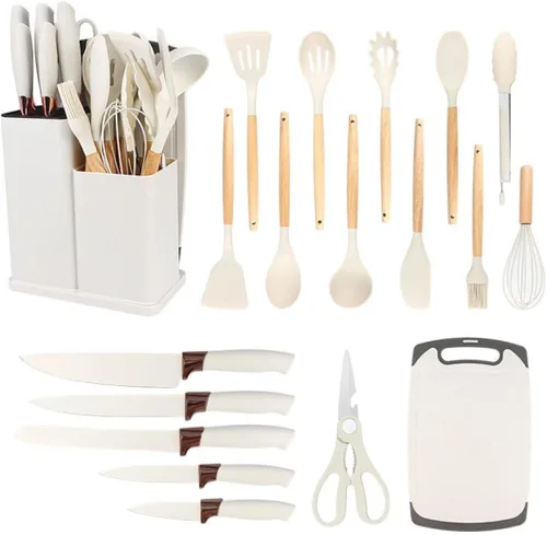 Juego de utensilios de cocina de silicona de 19 piezas, herramientas de cocina resistentes al calor, cuchillos de acero inoxidable con asas de Blanco