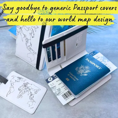 Miniatura 3 de Soporte para pasaporte del mapa del mundo, funda de pasaporte con bloqueo RFID y tarjetero de vacuna, cartera para pasaporte, funda para pasaporte