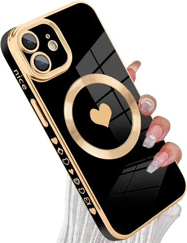 tharlet Funda Magnética para iPhone 11 [Compatible con Magsafe] Lindo Corazón de Amor de Lujo Chapado Borde Dorado Parachoques con Lente de Cámara