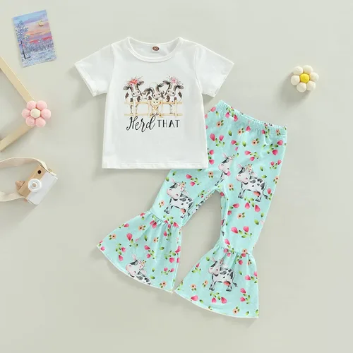 Miniatura 65 de fhutpw Conjunto de camiseta de manga corta con estampado de vaca y pantalones acampanados de dibujos animados para niñas