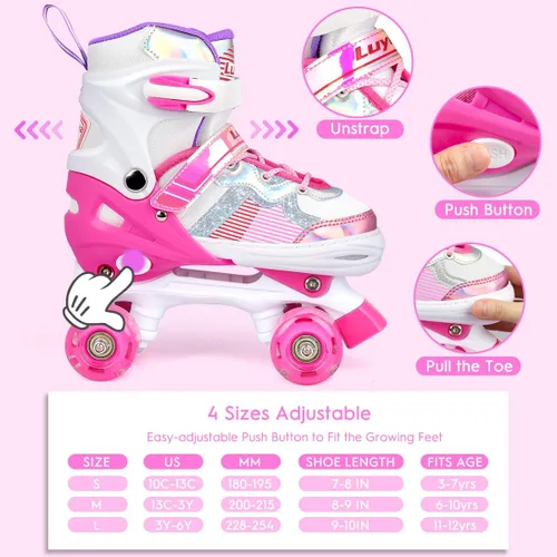 Miniatura 2 de Luyata Patines ajustables para niñas y niños, 4 tamaños de 6 a 12 y 3 a 5 años, patines para niños con 8 ruedas brillantes que se iluminan, 3 Rosa