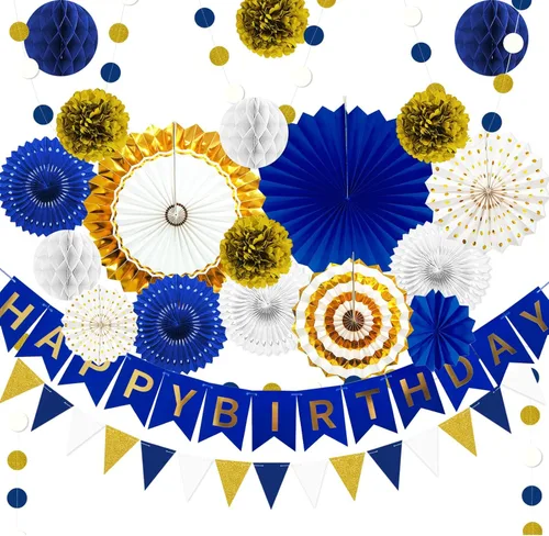 Miniatura 8 de 23 piezas de decoraciones de fiesta de cumpleaños azules para niños y hombres, bola de panal azul marino real azul claro, abanicos de papel