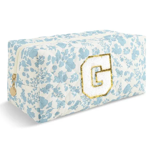 Miniatura 387 de Pequeña bolsa de maquillaje personalizada con inicial A-Z Preppy Patch, bolsa de cosméticos de viaje de felpilla blanca con cremallera, bonita bolsa