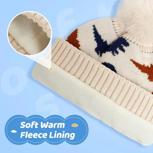 Miniatura 2 de Gorro de punto de invierno para bebé, forro polar, gorro grueso con pompón, gorro cálido para niños de 3 a 18 meses