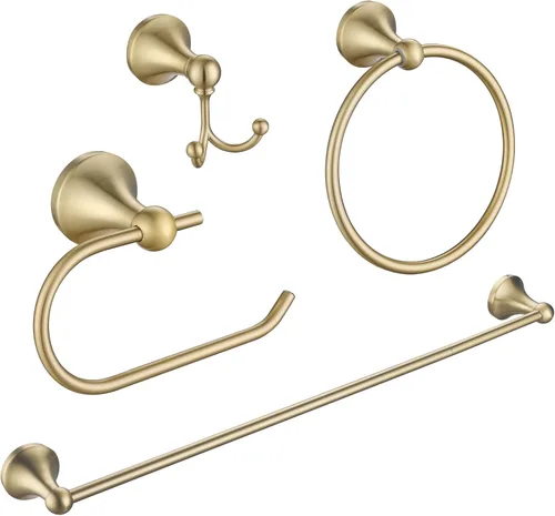 Juego de accesorios de baño dorados de 4 piezas, accesorios de baño dorados cepillados, toallero de 23.6 pulgadas, gancho para toallas, soporte para