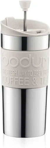Bodum Juego de cafetera de prensa francesa de viaje, acero inoxidable con tapa adicional, al vacío, 0.35 L/12 oz, color blanco Blanco hueso