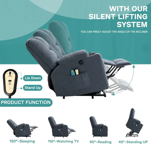 Miniatura 6 de MEETWARM Silla reclinable eléctrica para personas mayores con calefacción por vibración, masaje de tela suave, con 2 controles remotos, puertos USB