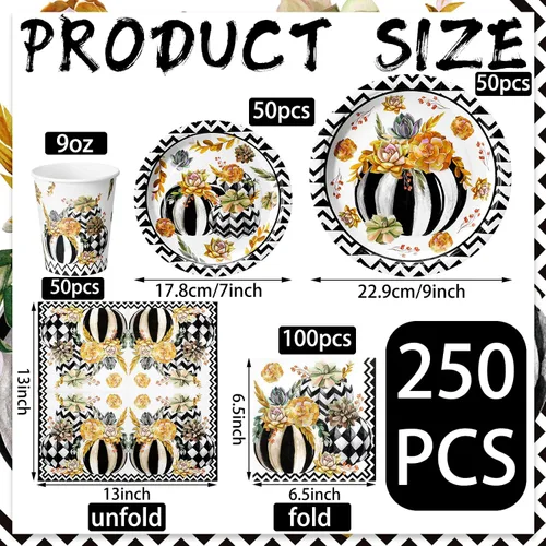 Miniatura 2 de Hsei 250 piezas de platos y servilletas de calabaza de otoño para decoración de fiesta, juegos de vajilla desechable para baby shower, suministros