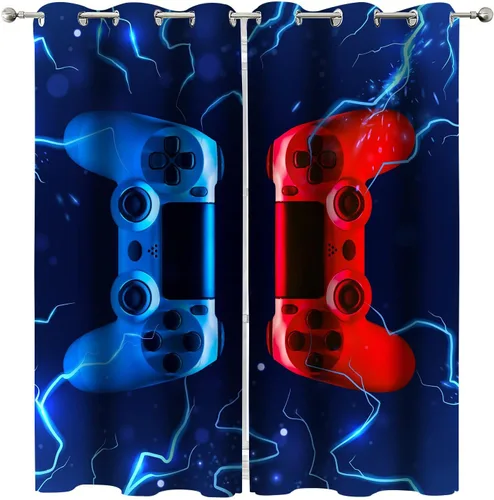 JOOCAR Cortinas modernas para ventana de videojuegos, color rojo y azul, cortinas para ventana de dormitorio, con ojales de acero, para dormitorio,