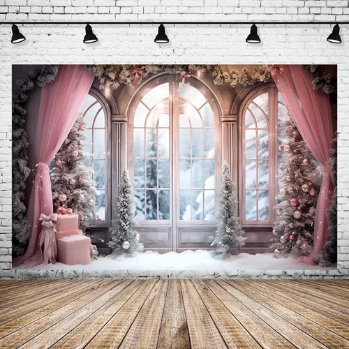 Miniatura 5 de Cortina rosa de invierno, fondo fotográfico de Navidad, invierno, nieve, bosque, ventana, fondo de fotografía, decoración de fiesta familiar, baby