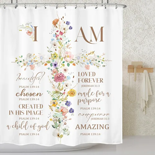 Miniatura 11 de Cortina de ducha floral gris y rosa de 72x72 pulgadas, flores de cerezo en rosa polvoriento y flores llorosas en primavera, tela impermeable