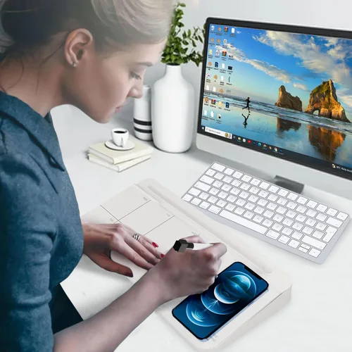 Miniatura 4 de NEXTLUXE - Pizarra blanca de cristal con cargador inalámbrico, pizarra blanca de escritorio con almacenamiento, planificador semanal, almohadilla