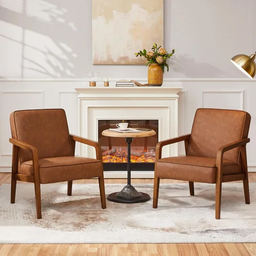 Miniatura 11 de Yaheetech Silla Decorativa, Sillón con Estructura de Madera Resistente, Silla de Estar Moderna y Retro de Piel Sintética para Sala de Marrón claro