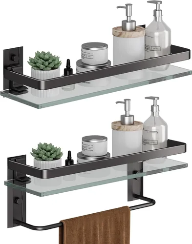 Miniatura 11 de Danpoo Estante de Pared de Vidrio Templado Transparente, Organizador de Montaje en Pared para Baño, Cocina (Negro Mate)