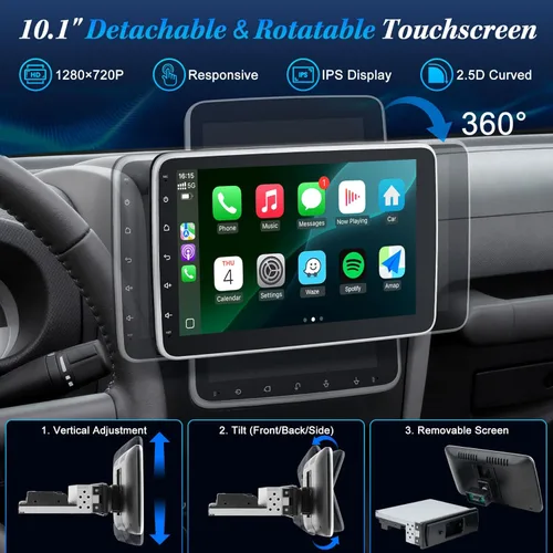Miniatura 3 de [2G+64G] Radio de coche Bluetooth de 10.1 pulgadas con Bluetooth inalámbrico Apple Carplay Android Auto, pantalla táctil giratoria Receptores
