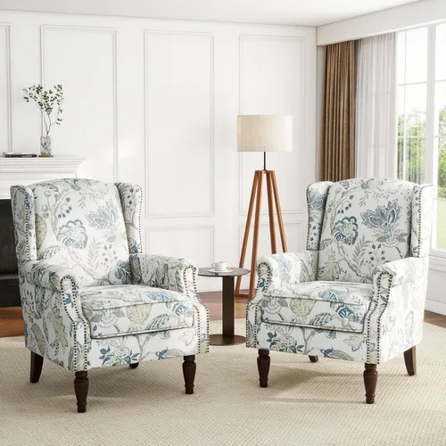 Miniatura 50 de Silla de Acento de Respaldo Alto, Sillón Tapizado en Tela para Sala de Estar, Sillón Wingback con Estampado Floral con Patas de Madera Maciza, Sofá