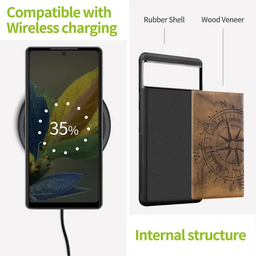 Miniatura 5 de Carveit Funda de madera para Pixel 6a [madera natural y TPU suave negro] a prueba de golpes, funda de madera única y elegante compatible con Google