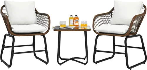 COSTWAY 3PCS Patio Rattan Bistro Set Silla acolchada Mesa de vidrio Cubierta Blanco 3-Como se muestra en la imagen.