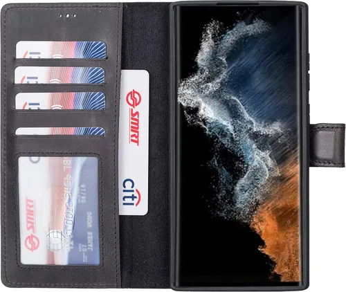 HARDISTON Funda de piel compatible con Samsung Galaxy S22 Ultra – Funda magnética fuerte desmontable hecha a mano con tarjeteros y soporte, Negro