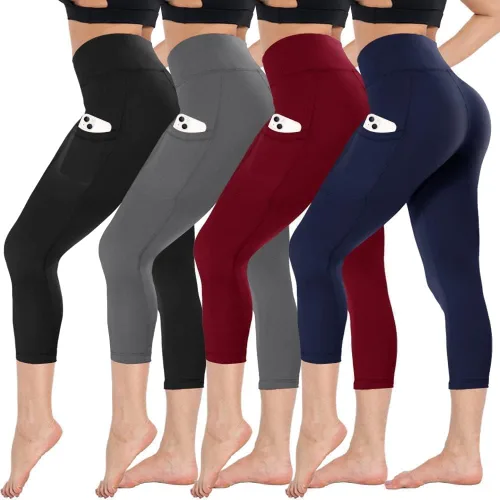 Paquete de 4 leggings capri para mujer, pantalones capri de cintura alta, control de abdomen, pantalones de yoga con bolsillos, mallas de ciclismo