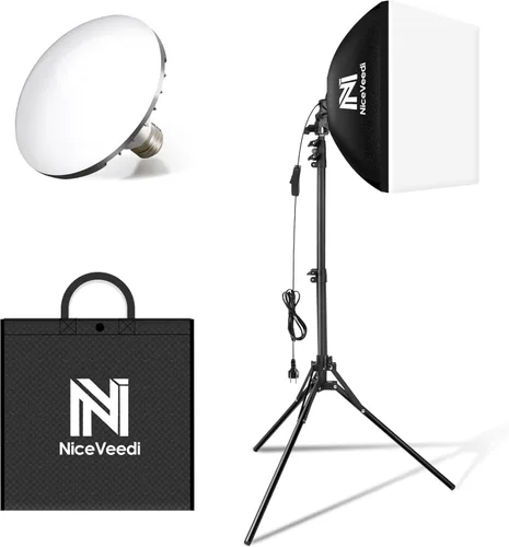 NiceVeedi - Kit de iluminación Softbox de 16 x 16 pulgadas, kit de iluminación para fotografía con soporte de trípode de 63 pulgadas y bombilla LED